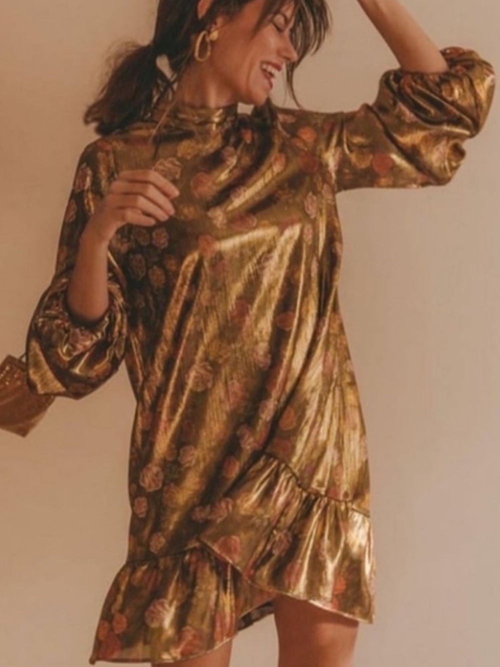 Zara Gold Long Sleeve Mini Dress sz xs floral print ruffle